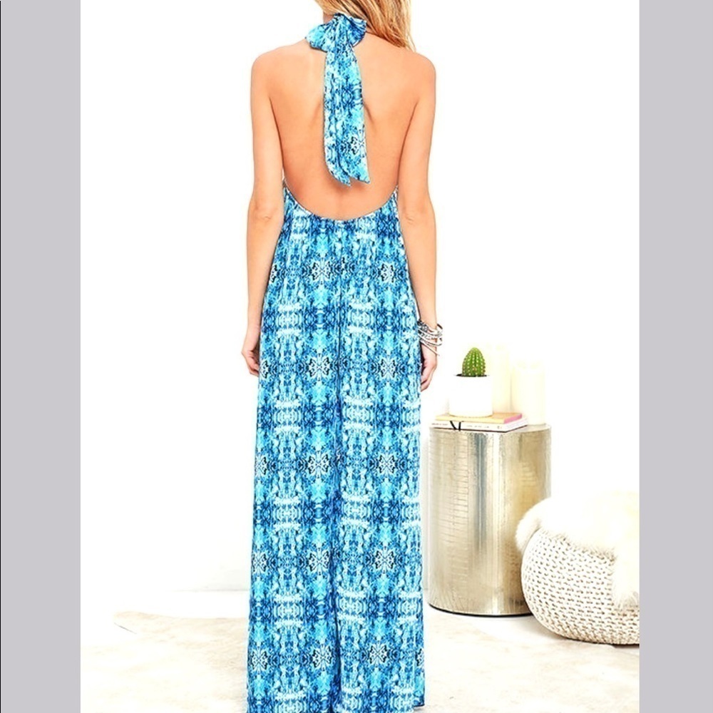 LULU’S Baja Moment Blue open back Halter Maxi Dress Boho beach Tropical size XS - Picture 7 of 10